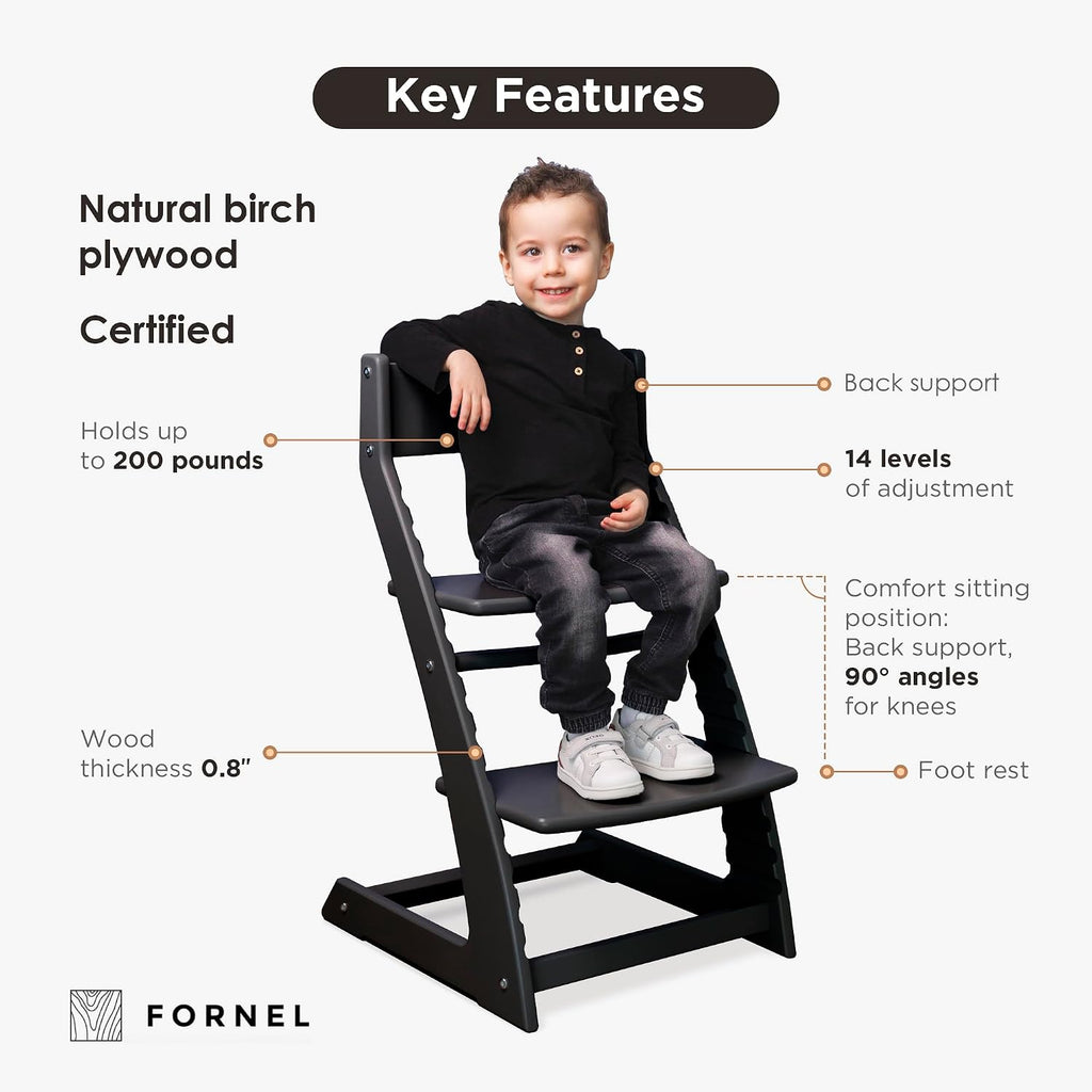 Modern Black Wooden High Chair | Adjustable Grow-with-Me Toddler Seat for Age 3 to 15 | Perfect for Minimalist &