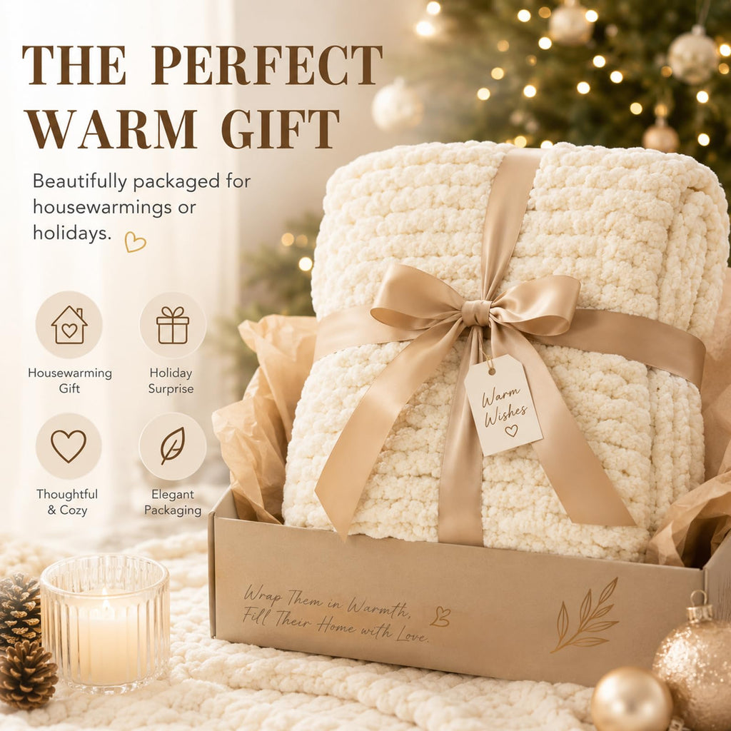 Luxury Chunky Knit Throw Blanket, Boho Chenille Cable Knit Blankets 50x60