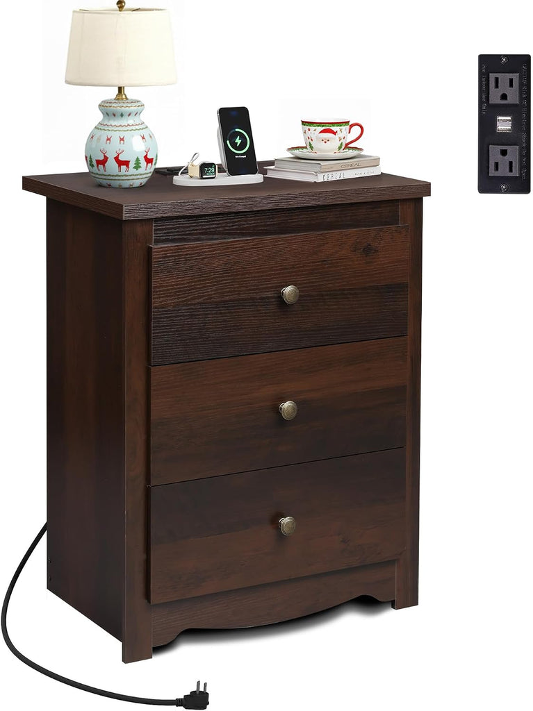 Tall Nightstand with Charging Station, Wood Night Stand with 3 Drawers Storage, Bedside Table End Side Tables with 2
