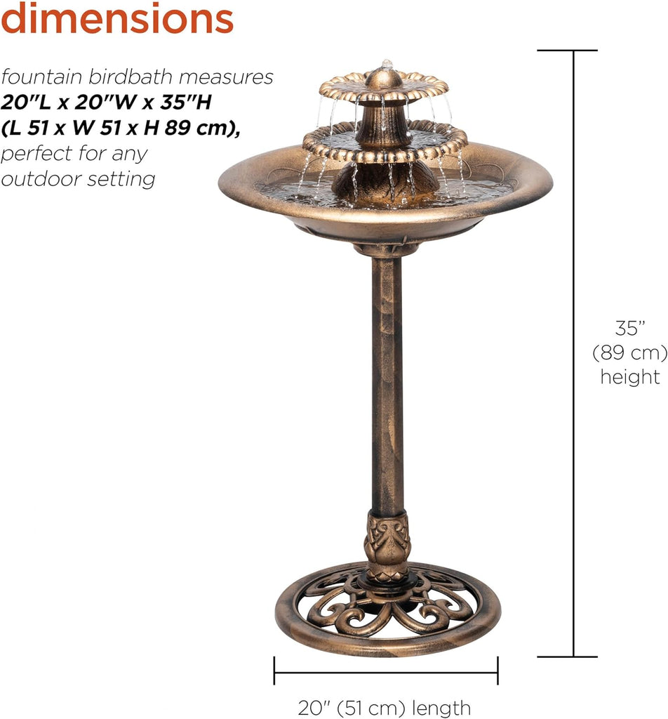 35” Tall 3-Tier Pedestal Water Fountain with Birdbath in Vintage - Outdoor Garden Fountain Decoration, Bronze