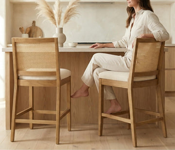 26.5" Rattan Bar Stools Set of 2 Modern Linen Fabric Upholstered Counter Height Bar Stools, Kitchen Island Barstools