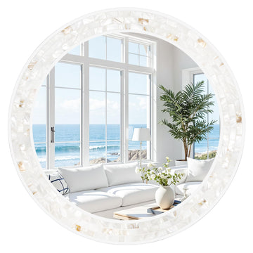 24 Inch Round Bathroom Mirror, Coastal Shell Framed Wall Decor