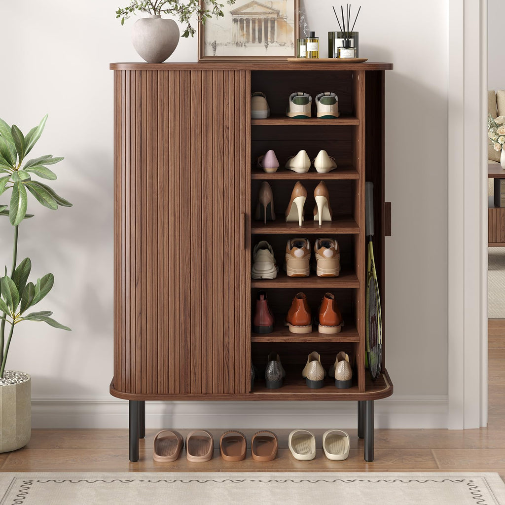 6-Tier Shoe Storage Cabinet with Sliding Door Walnut
