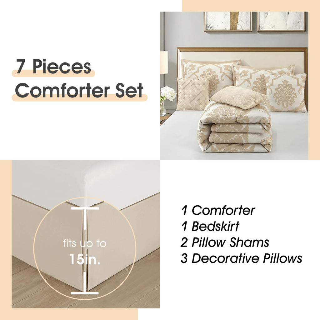 7 Piece Gold Comforter Set, Elegant Jacquard Floral Bed in a Bag, Microfiber Bedding All Seasons with Pillow