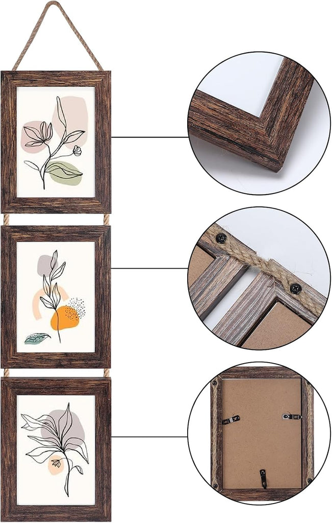 Wall Hanging 5x7 Picture Frames Set of 2, Vertical Collage Distressed Brown Triple Frame Made to Display 5 by 7 inch