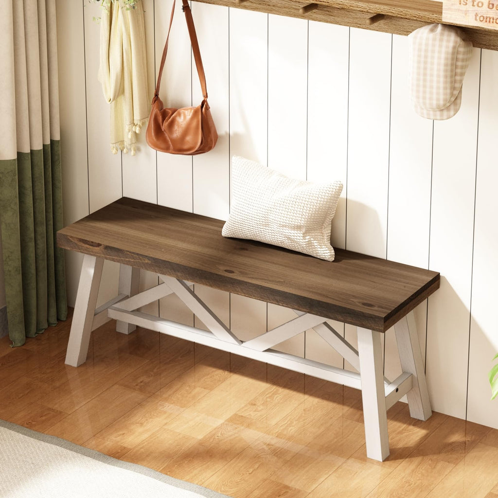 43" Farmhouse Solid Wood Bench, Rustic Entryway Bench, White