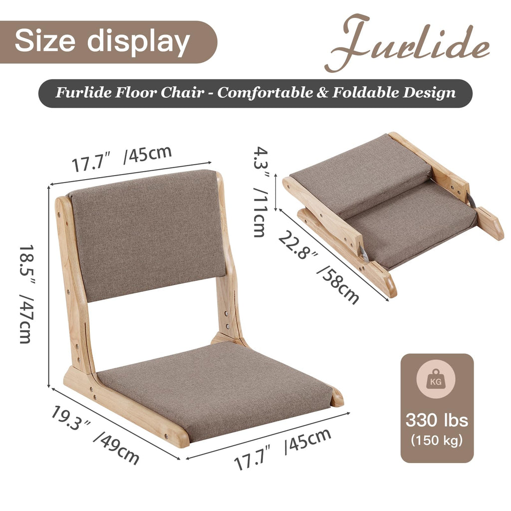 Foldable Floor Chair with Back Support, Wood Grey, No Assembly