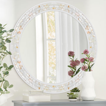 36 Inch Large Round Mirror, Natural Shell Circle Wall Decor