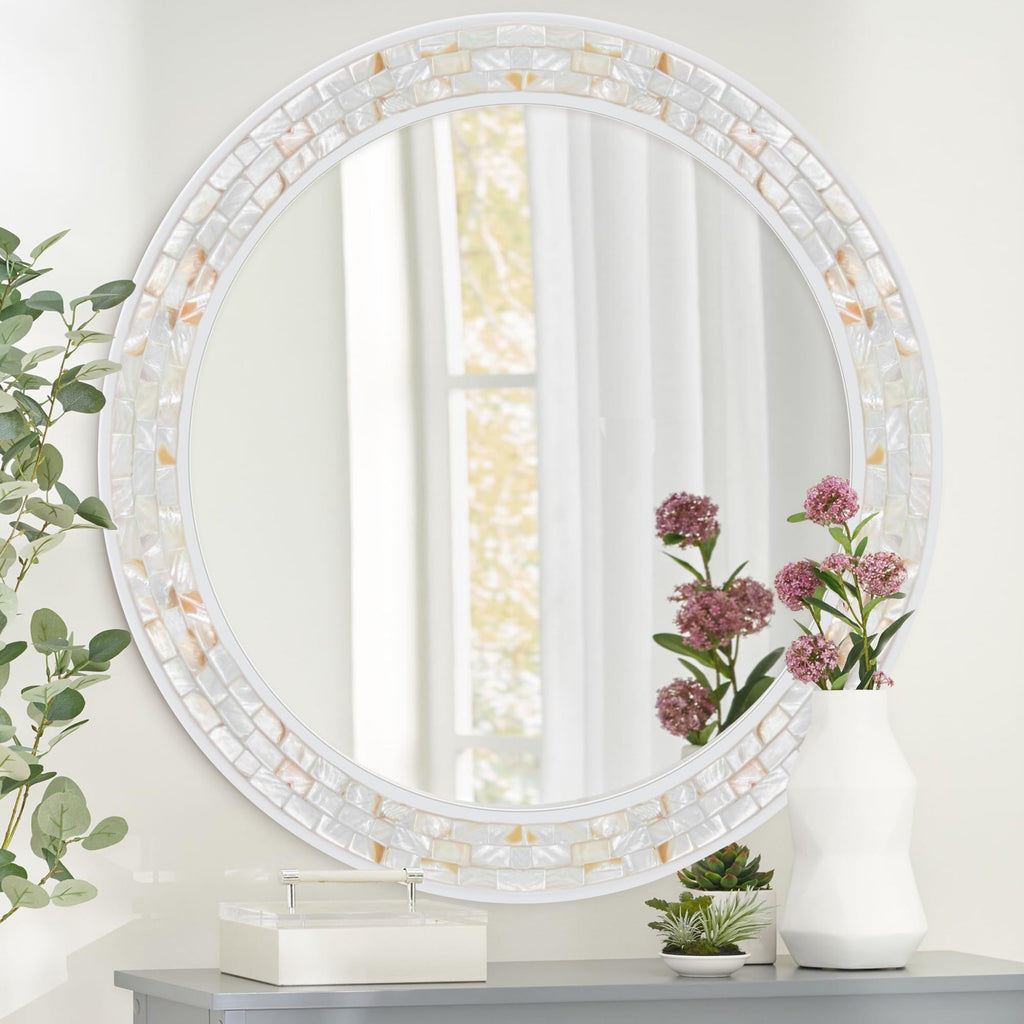 Round Bathroom Mirror 30 Inch with Coastal Mosaic Shell Frame