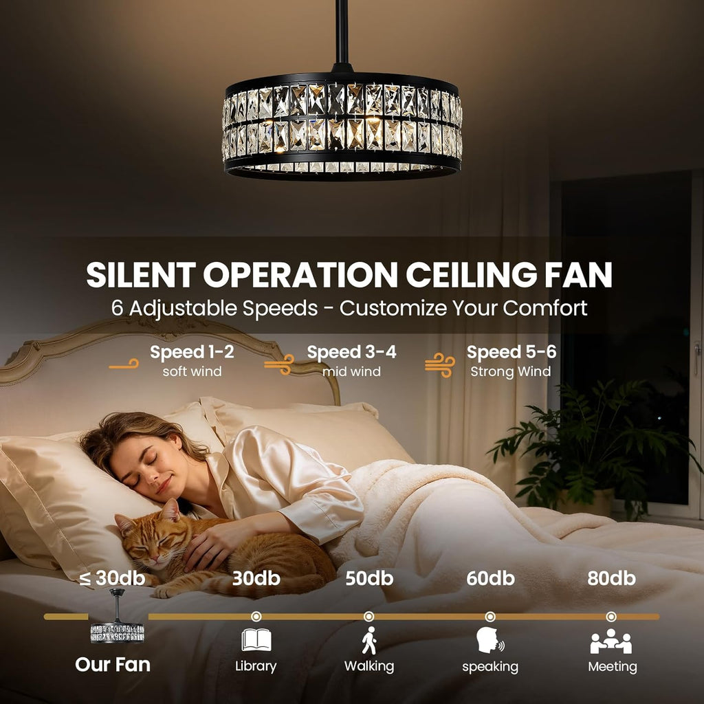 Black Caged Ceiling Fan with Light and Remote 19 Inch Modern Crystal Fandelier Ceiling Fan with Light Semi Flush