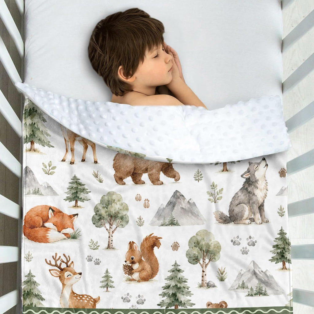 Boy Blanket with Name, Custom Minky Dot Baby Blankets with Woodland Theme, Soft Plush Crib Blanket Decor
