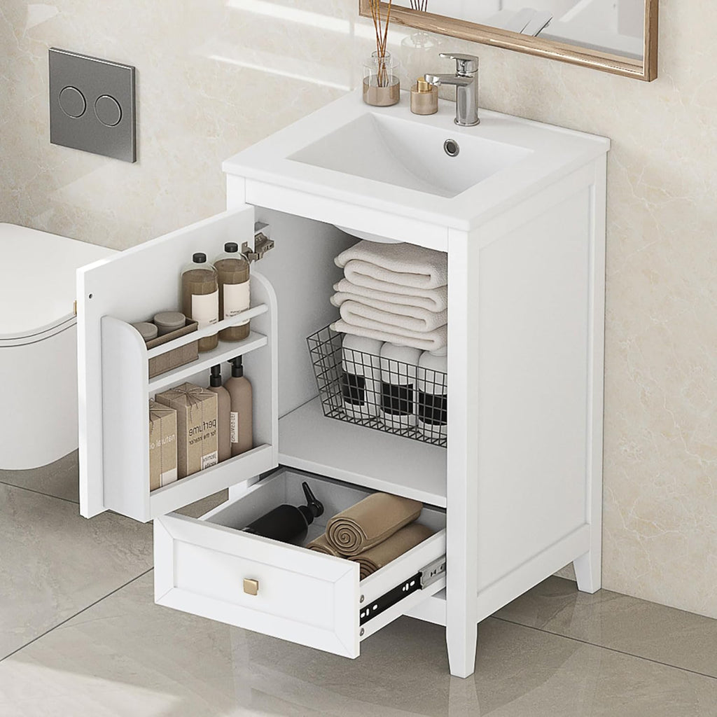 Bellemave 20-inch Solid Wood Bathroom Vanity with Sink, Free Standing Cabinet, Soft Closing Door, Storage Rack