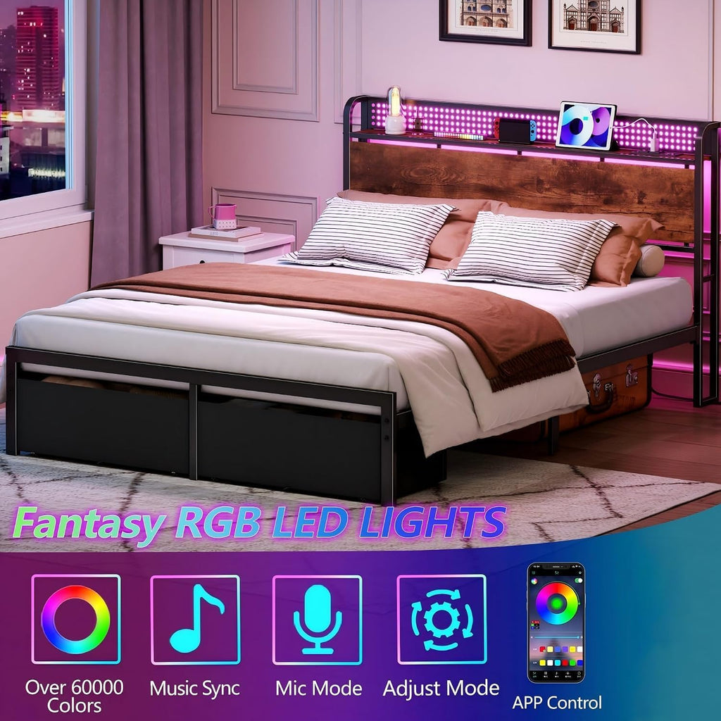 Queen Bed Frame with Headboard Storage, Platform Bed Frame Queen with 2 Drawers, Charging Station and LED Lights