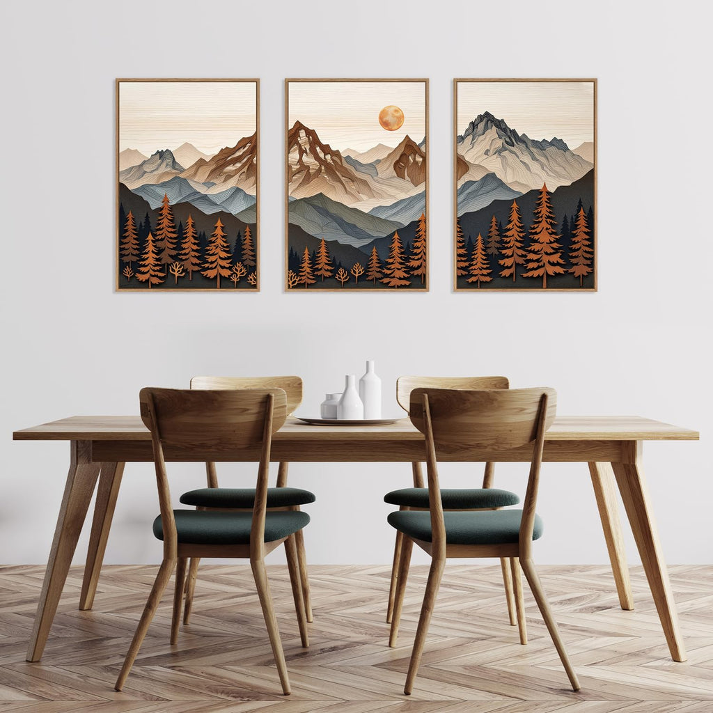 Large Boho Mountain Framed Canvas Wall Art Set, Woodcut Style Mountain Wall Decor, Vintage Forest Pine tree Art