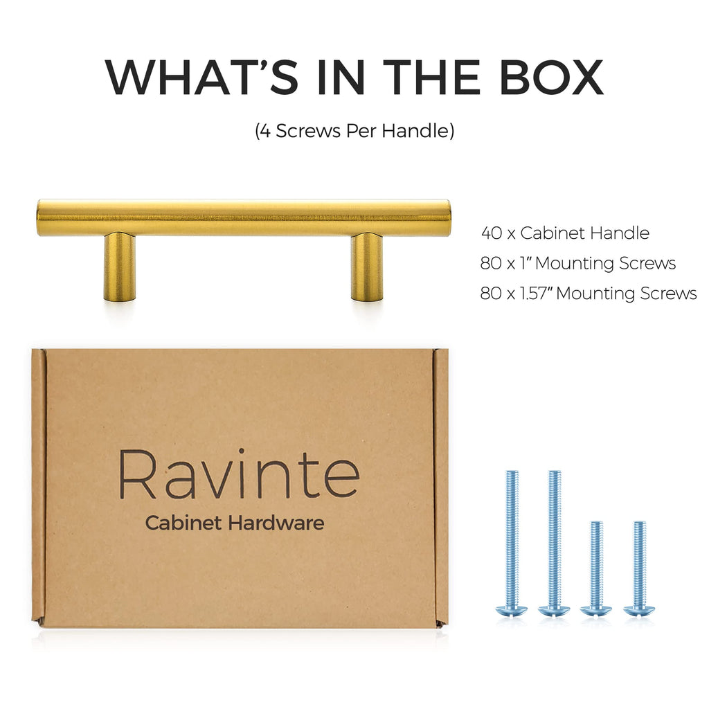 Cabinet Handles, Brushed Brass,5" Length,3" Hole Center,40 Pack
