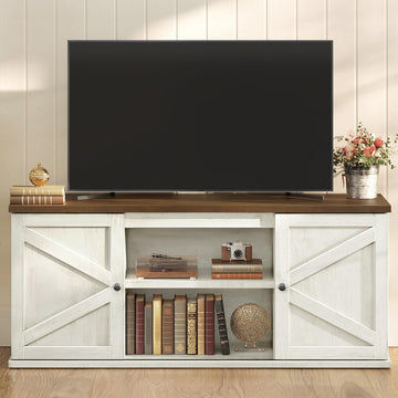 Farmhouse TV Stand for TVs up to 65 Inches, Entertainment Center with Storage Cabinets and Sliding Barn Doors, Media