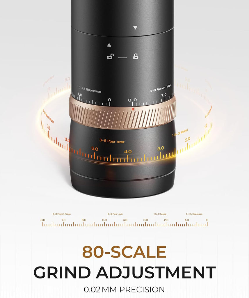 Portable Burr Coffee Grinder, 80 Precision Settings, Single-Dose | USB-C Rechargeable, Stainless Steel Conical Burrs