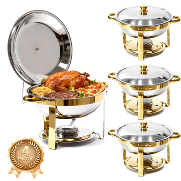 4-Pack Chafing Dish for Buffet Set, 6QT Round 304 Stainless Steel Complete Buffet Warmer - Includes Lids, Water Pans