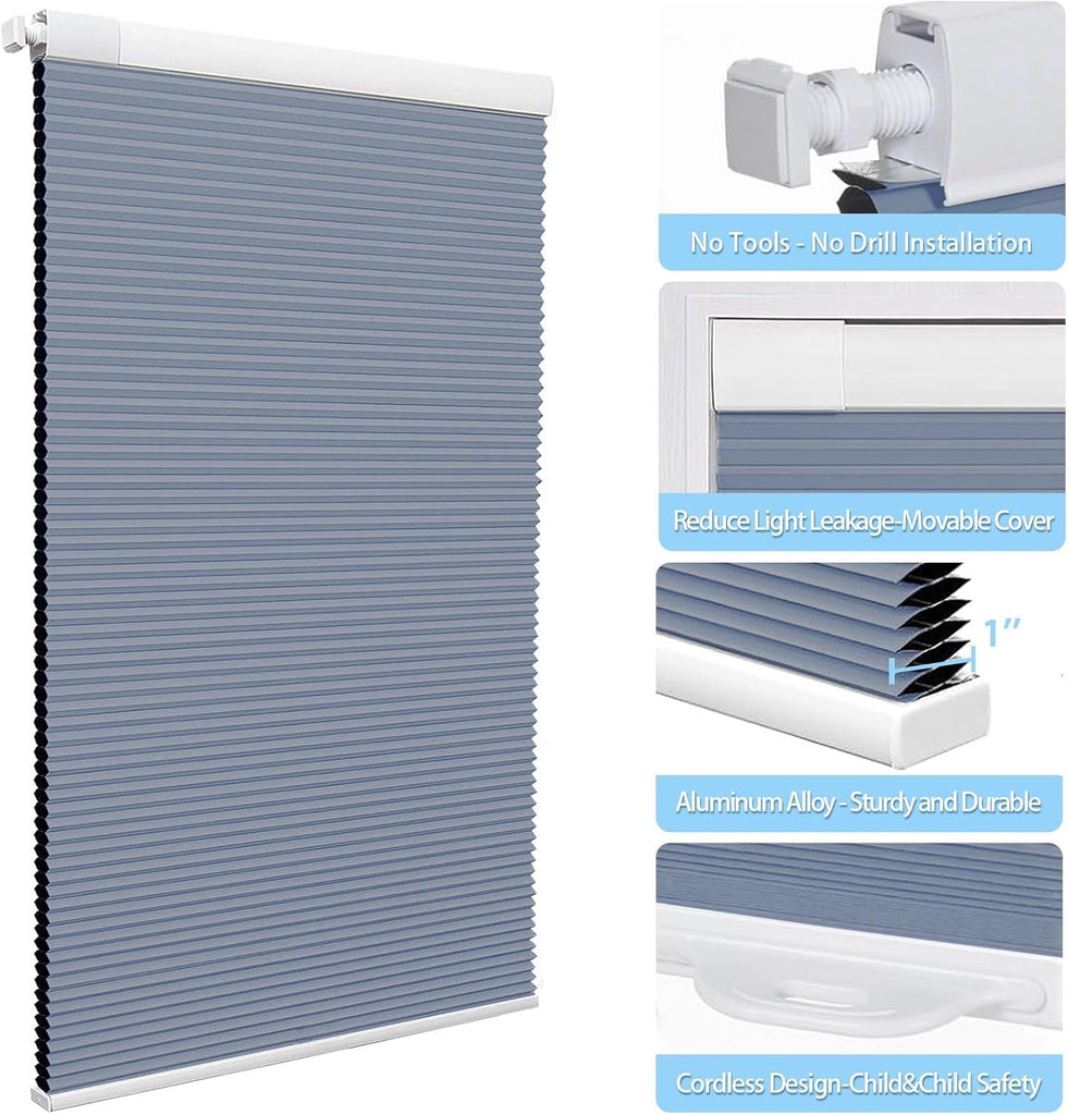 Cordless Honeycomb Cellular Shades No Drill No Tools Easy to Install UV Protection Indoor Windows Thermal Insulated