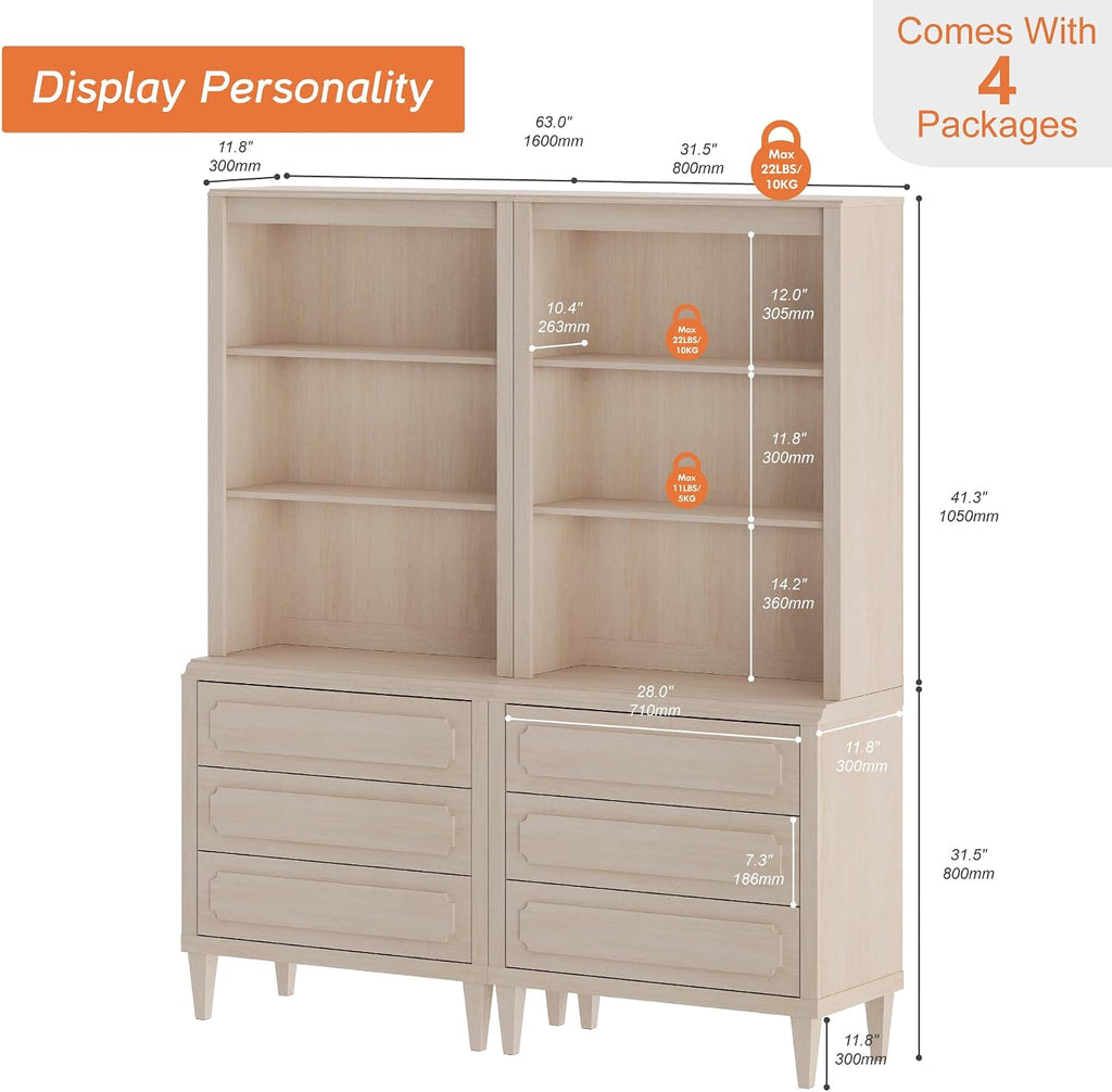 72.8" Tall Bookshelf with Drawers, 5 Tier Large Bookcase, Beige | Mid Century Modern Wood Book Shelf with Storage