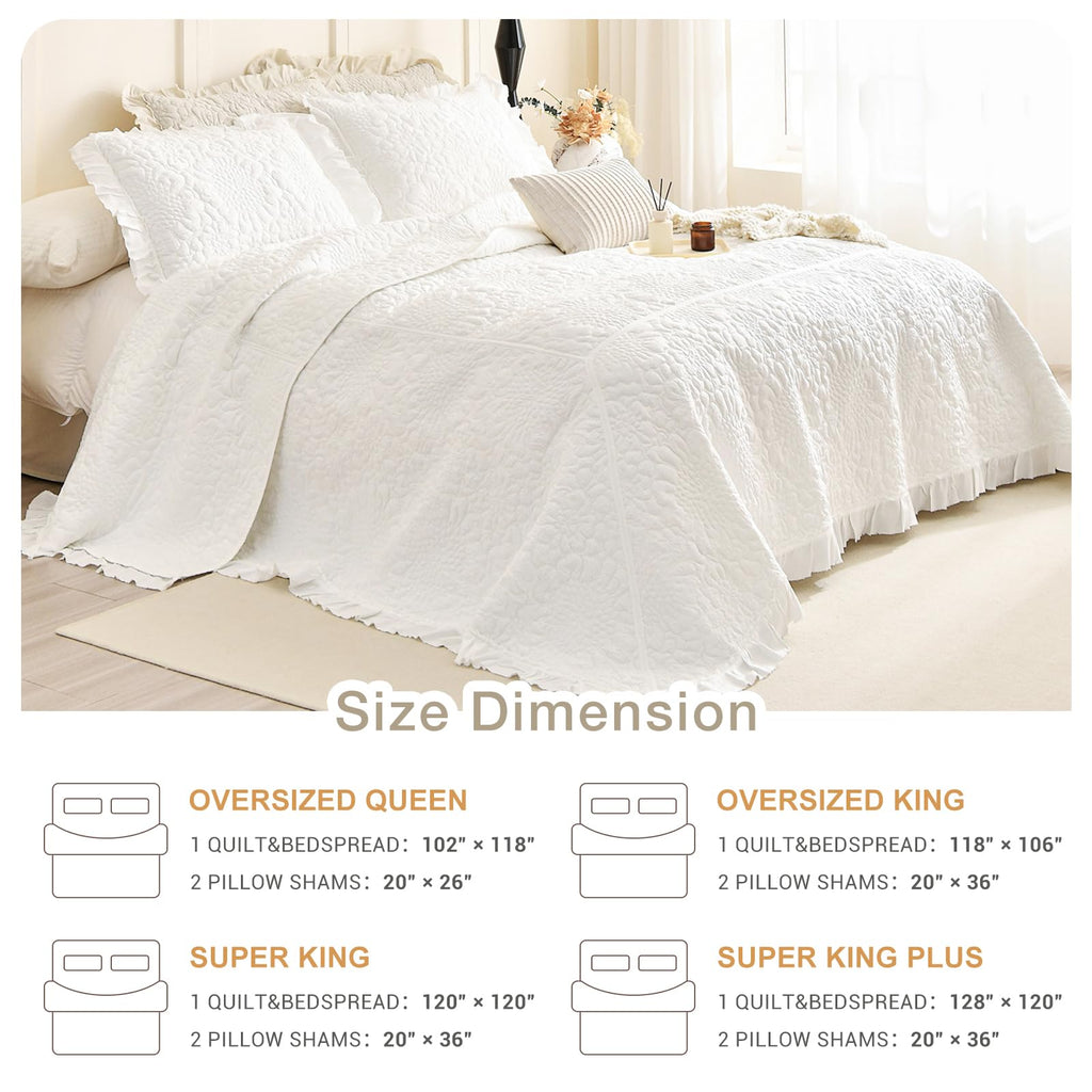 Ruffled Oversized Quilt Bedding Set(102"x118"), White Lightweight Crinkled Bedspread Oversized