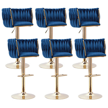 Velvet Bar Stools Set of 6, Adjustable Swivel Counter Height Barstools with Woven Back & Gold Legs, Velvet Bar Chairs