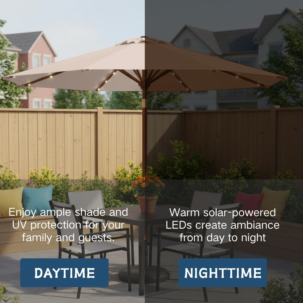 9' Solar LED Patio Umbrella with Tilt & Crank|8 Sturdy Ribs,UV Protection,Outdoor Market Table Umbrella