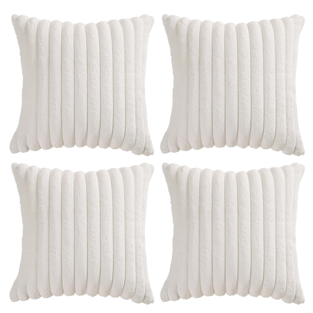 Set of 4 Faux Fur Plush Decorative Throw Pillow Covers 18x18 Inch, Luxury Striped Cushion Cases Soft Fluffy Accent