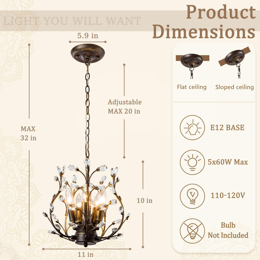 Vintage 5 Light Crystal Chandelier, Aged Bronze Tree Branch