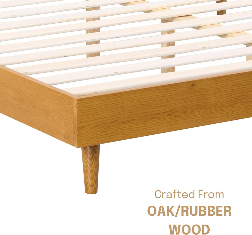 Fly Wooden Bed Frame Without Headboard, Solid Oak and Rubber Wood Foundation with Silent Slats and Wood Central