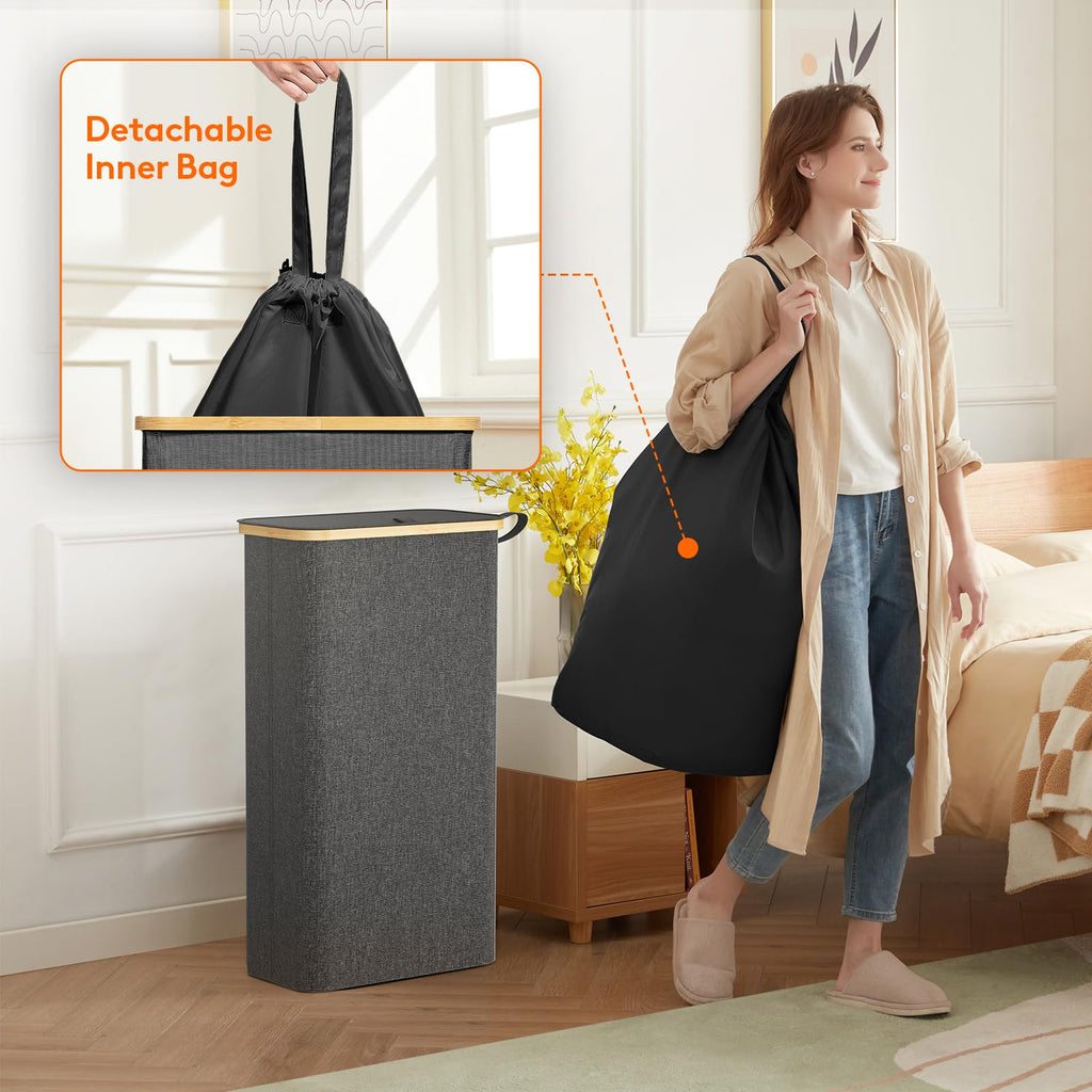 65L Slim Laundry Hamper with Lid and Removable Bag, Dark Gray