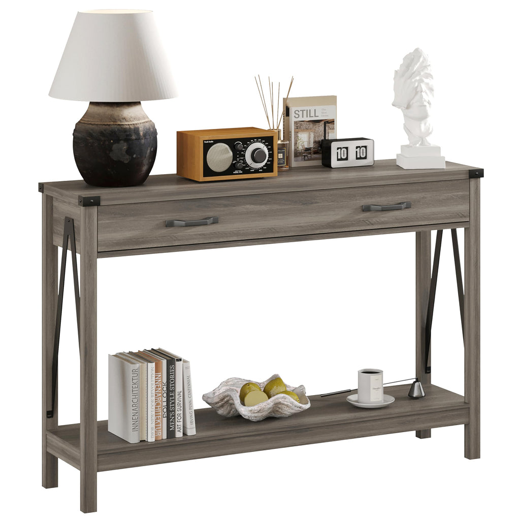 47 Inch Farmhouse Console Table with Drawer and Storage Shelf