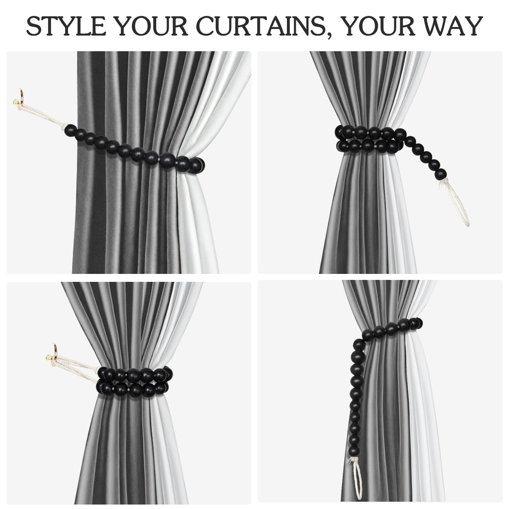 Wood Bead Curtain Tiebacks Holdbacks with Hooks(Black) - 6 Pack