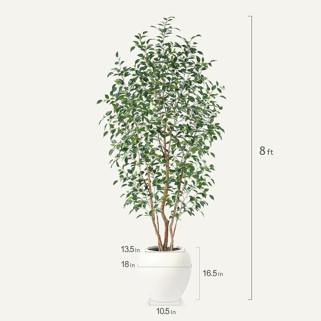 8FT Artificial Ficus Tree, Indoor Faux Ficus Plant with Realistic Leaves & Natural Wood Trunk, 8ft Tall, Green, All