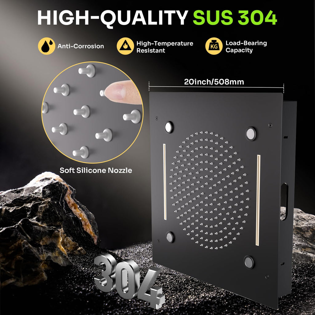 20 Inch LED Shower Head - High Flow Rainfall Showerhead - Waterfall Full Body Coverage, Universal