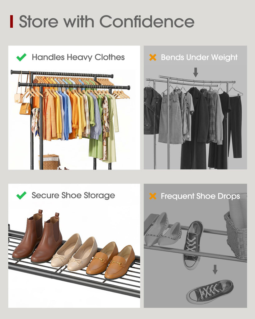 Rolling Double Rod Clothes Rack with Shelf, 39" x 17" x 60", Black