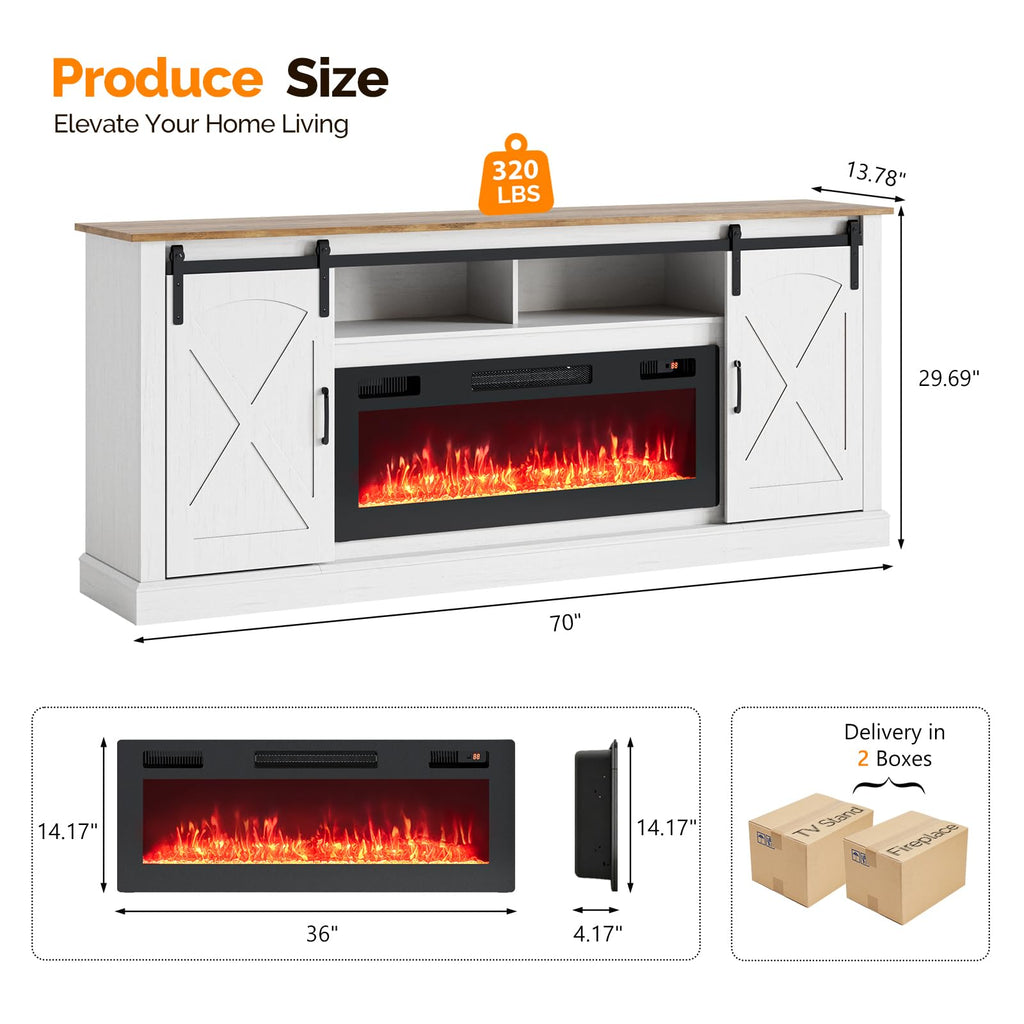 70" Fireplace TV Stand with Sliding Barn Door, Distressed White
