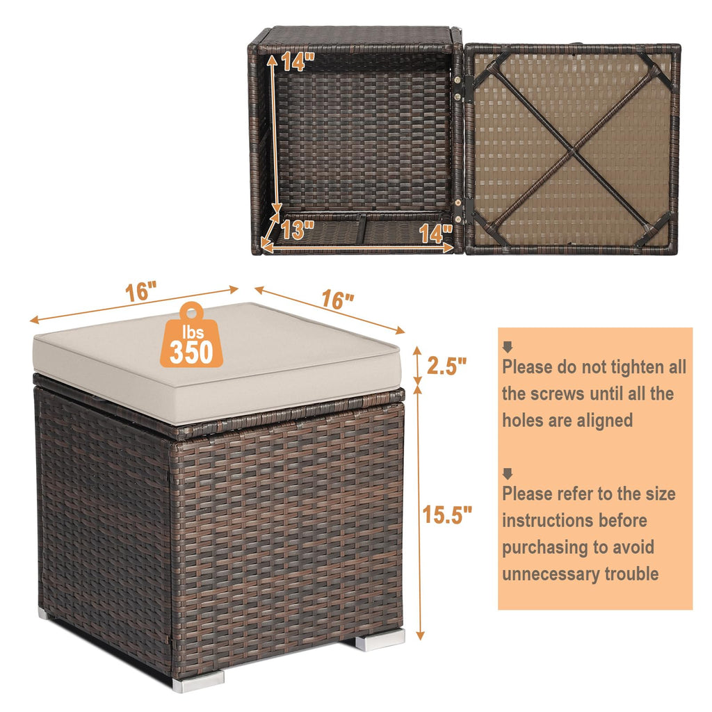 Wicker Outdoor Storage Ottoman, 2-Piece Rattan Footstool w/Removable Cushion, Multipurpose Footrest Stool Side Table