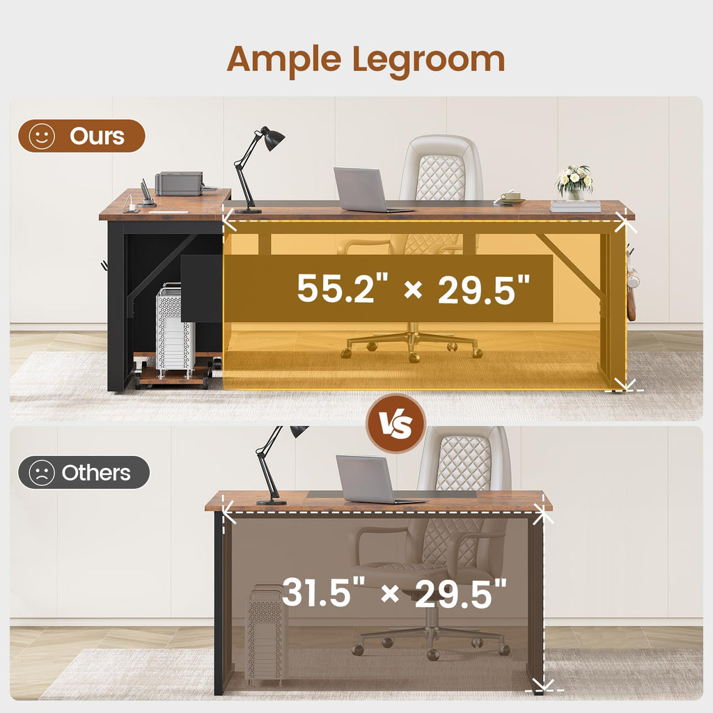 71" Executive Desk with Rolling File Cabinet, Large Office Desk with Drawers, L Shaped Computer Desk with Power