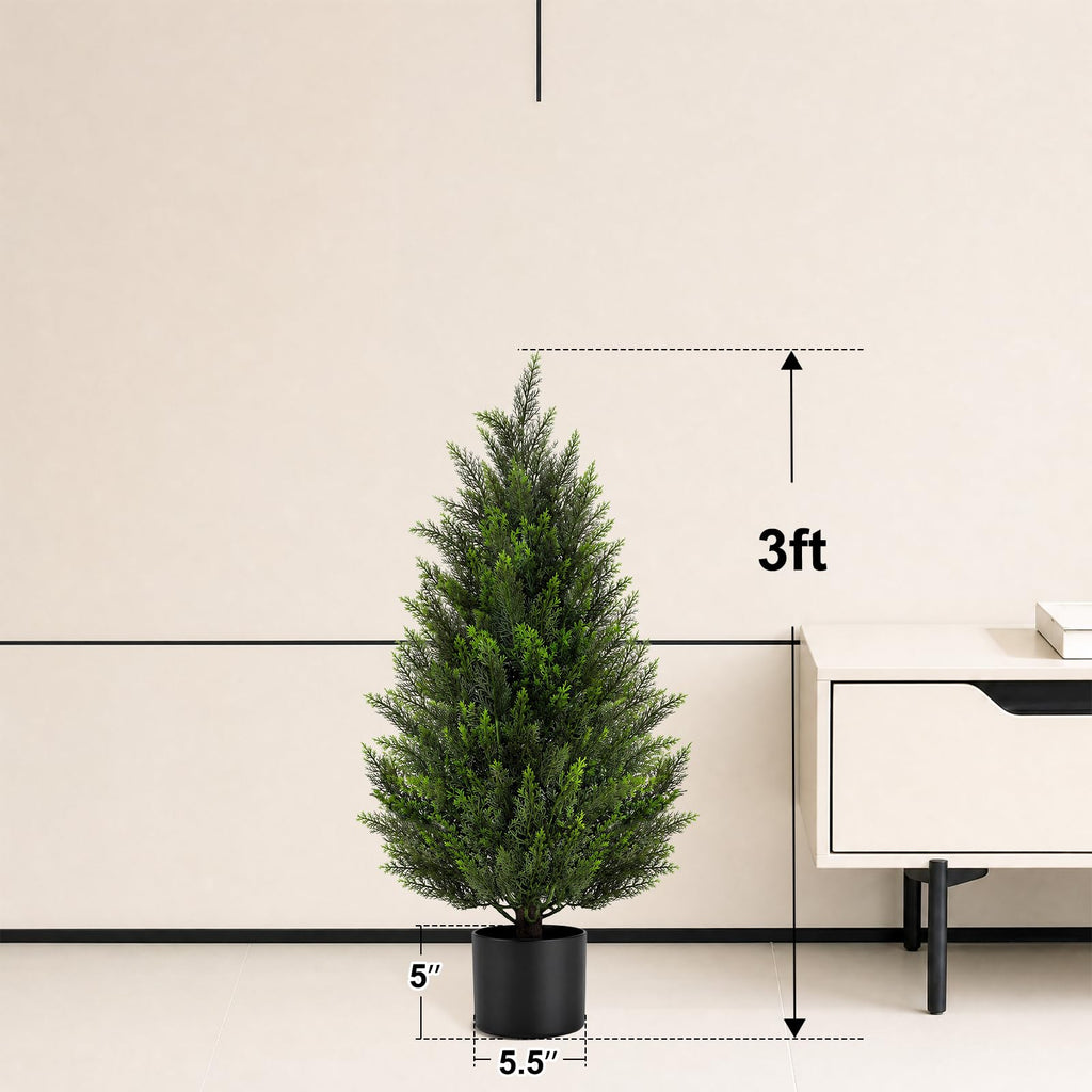 3FT Artificial Topiary Cedar Trees, UV-Resistant Faux Evergreen Outdoor Plants, Artificial Pine Tree for Outdoor