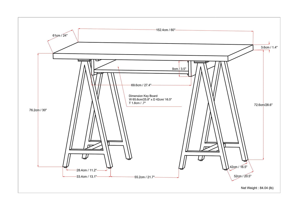 Sawhorse 60" Wide Walnut Veneer and Metal Writing Desk