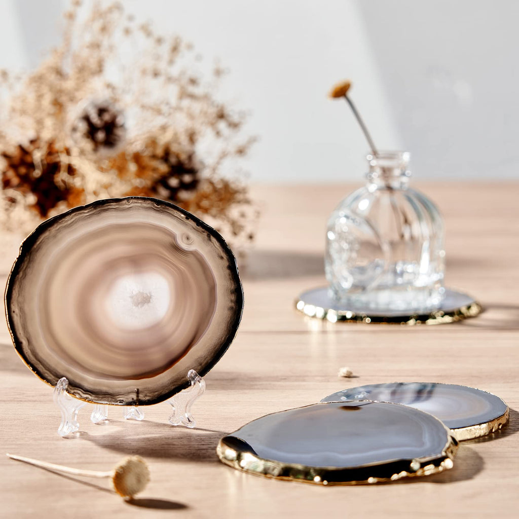 Gray Agate Coasters for Drinks - Geode Set of 4, Gemstone Crystal Natural Stone Slices for Coffee Table, Home Decor