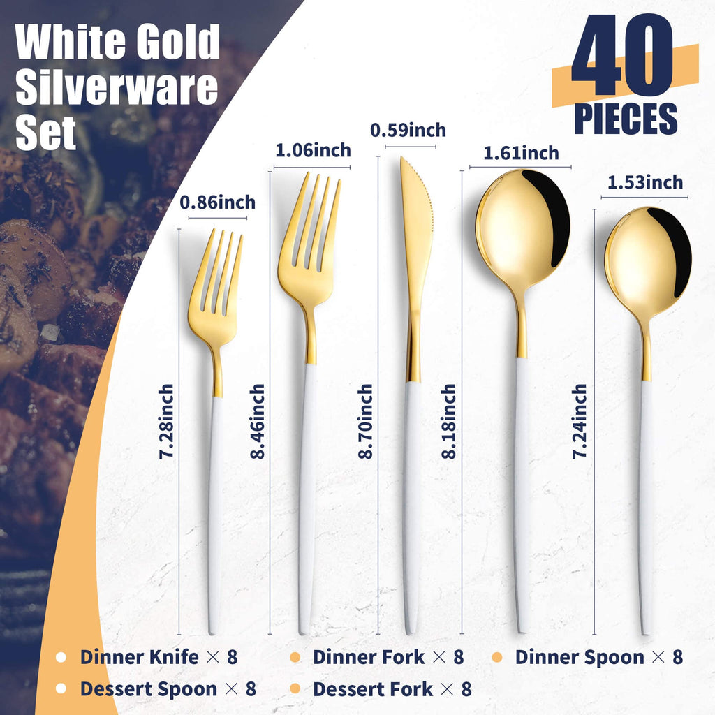 40 Piece White Gold Silverware Set,Stainless Steel Flatware Cutlery Set Service for 8 Including Forks Spoons