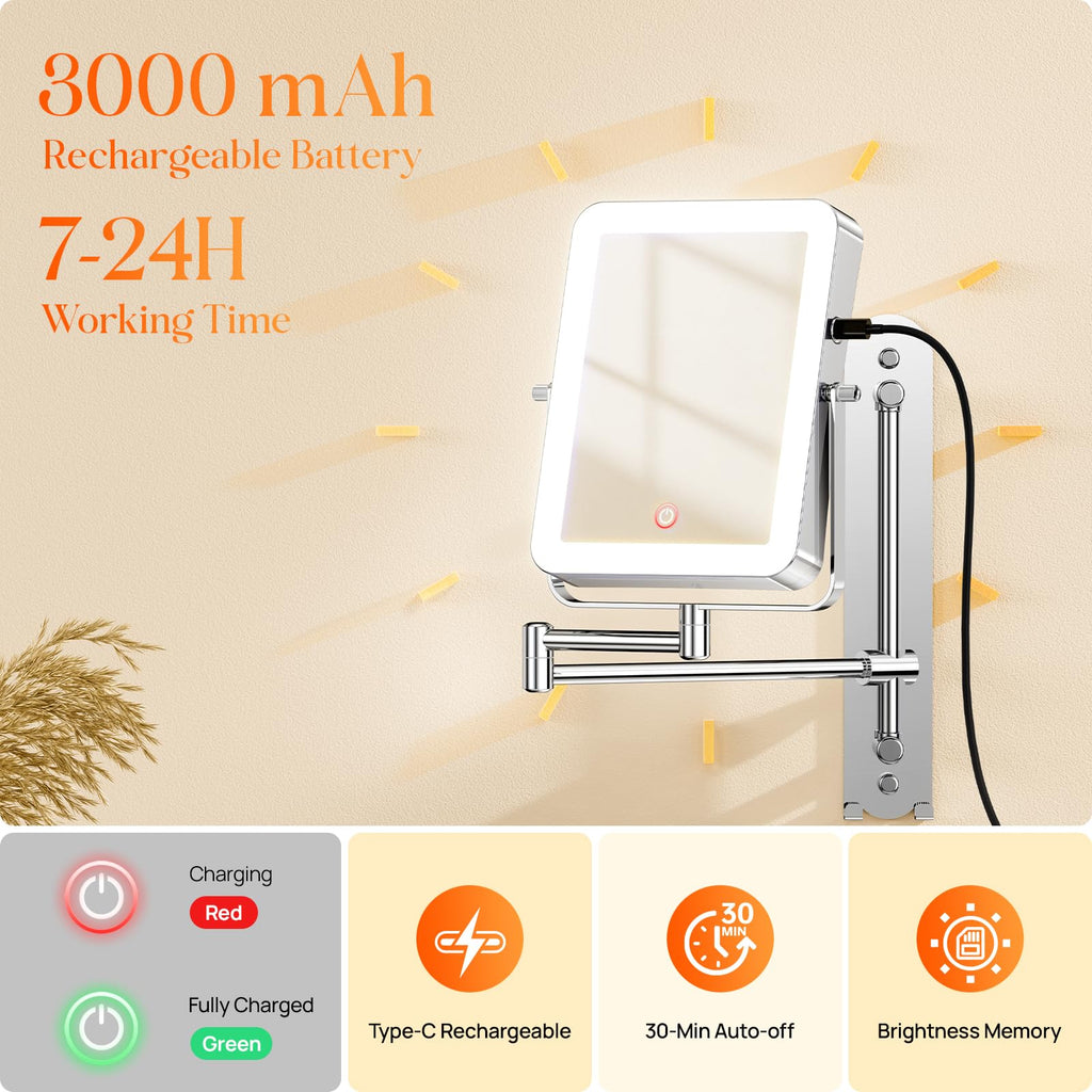 Height Adjustable Wall Mounted Lighted Makeup Mirror with Hooks