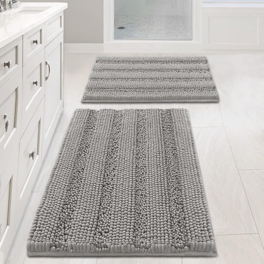 Non Slip Thick Shaggy Chenille Bathroom Rug Mat Set Extra Soft and Absorbent Striped Floor Rugs, 2 Piece