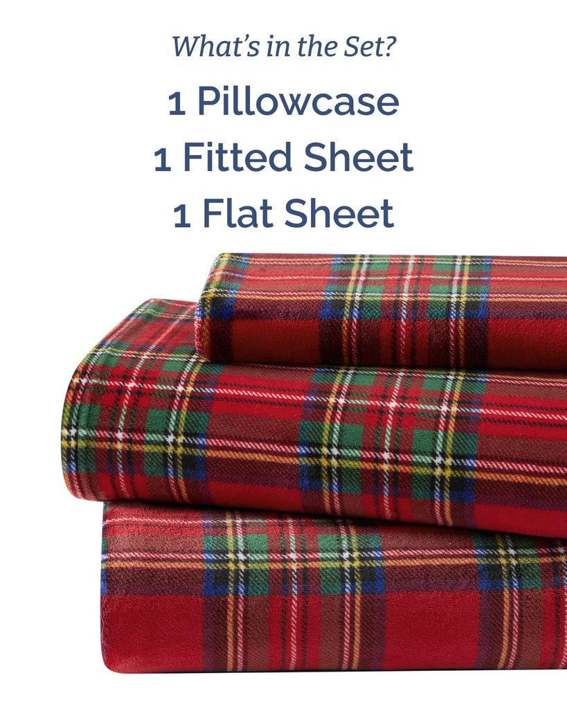 Fleece Sheets Twin Size Set - 3-Piece Velvet Flannel Sheet Set - Tartan
