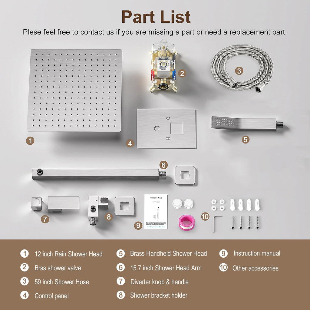 12 Inch Brushed Nickel Shower System, Wall Mounted High Pressure Rain Shower Head with Handheld Sprayer, Bathroom