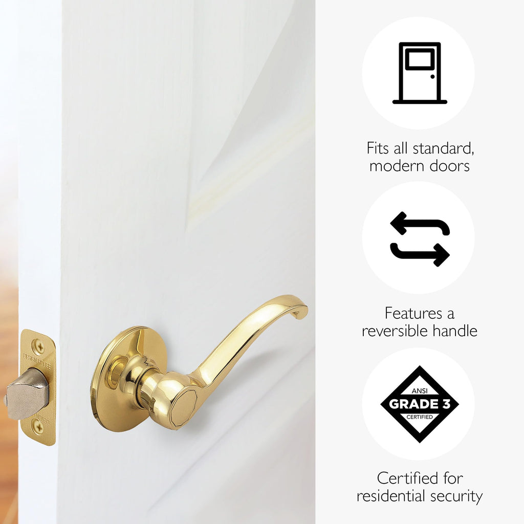 Scroll Passage Door Lever, Polished Brass