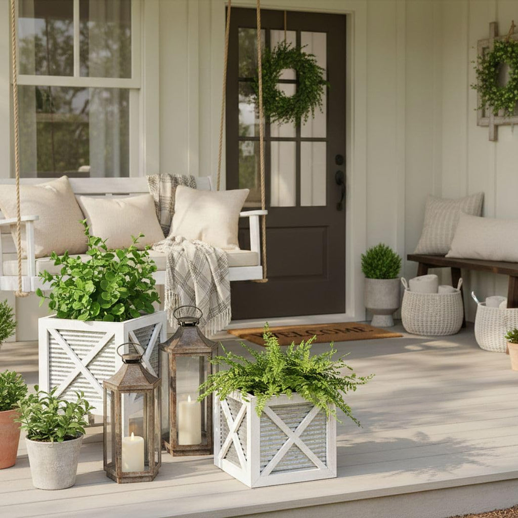 Farmhouse Front Porch Planters Set of 2 Stand with Galvanized Corrugated Metal Planter for Outdoors/Indoors - Rustic