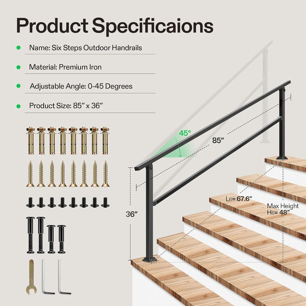 6-Step Stair Handrail 83"x36" Wrought Iron Porch Railing Black